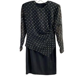Scarlett Stunning 80s Polka Dot Pencil Dress in Black and Gold, Size 5